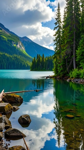 Scenic lake reflecting mountains and clouds