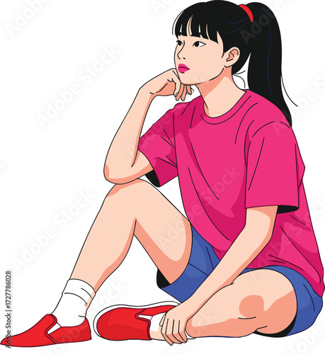 Cartoon person sitting in thoughtful pose with ponytail and colorful outfit, expressive character design, vector illustration for kids, emotion and lifestyle content