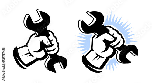 Fist holding wrench, hand with working tool emblem. Industry, repair, maintenance service, mechanic, construction worker