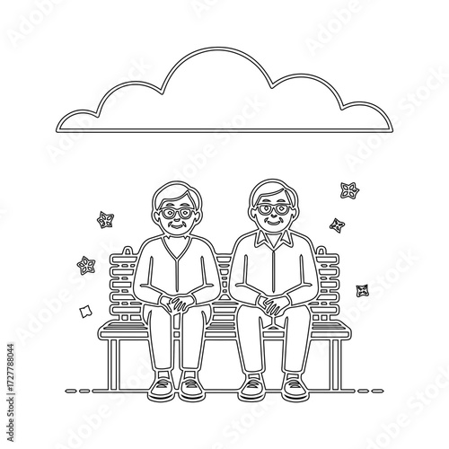 Heartwarming senior couple enjoying peaceful retirement together on park bench, celebrating love and companionship, designed with simple, clean vector style