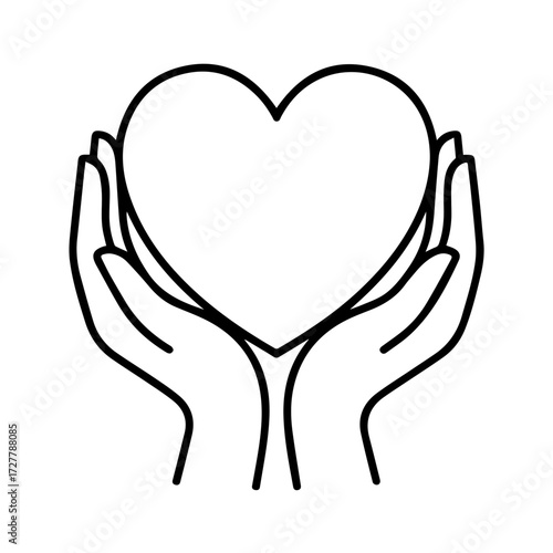 Elegant linear graphic of hands gently holding a heart conveys care, support, and love, perfect for healthcare, charity, or relationship themes