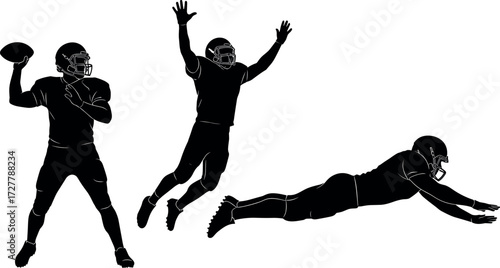 American football player silhouettes in action poses—quarterback throw, airborne catch, diving tackle—dynamic sports vector for athletic-themed content