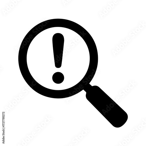 Magnifying glass revealing an exclamation mark, symbolizing discovery, alert, or important finding for business and research insights.