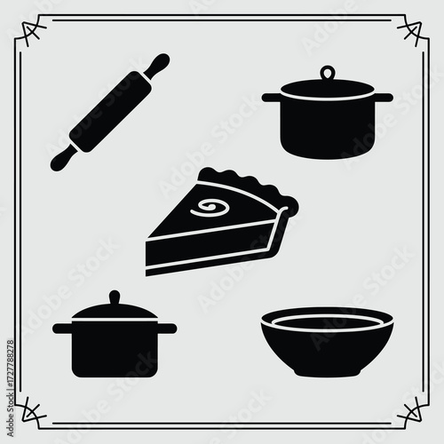 Thanksgiving Clean Flat Silhouette Icons Pumpkin Pie Slice Badge Rolling Pin Cooking Pot Soup Bowl 