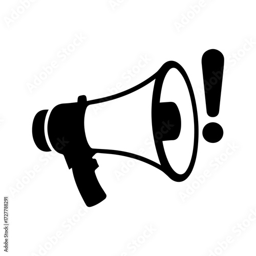 Loudspeaker announcing important news with a bold exclamation point, conveying urgency and impact for announcements and promotions.