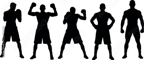 Boxing silhouettes of male fighters in various combat stances, isolated on white background for sports, fitness, and martial arts themes