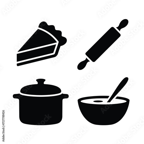 Thanksgiving Clean Flat Silhouette Icons Pumpkin Pie Slice Badge Rolling Pin Cooking Pot Soup Bowl 