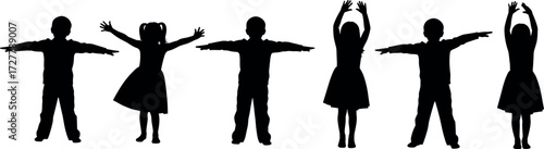 Children Silhouettes Practicing Physical Poses and Exercises in Sequence for Educational, Fitness, Activity, Movement, and Body Awareness Concepts