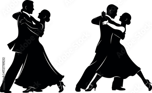 Elegant ballroom dance silhouette of couples in formal attire performing graceful poses, perfect for lifestyle, romance, and event themes.
