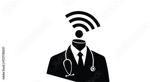 Doctor's head replaced by WiFi signal, symbolizing telehealth and digital healthcare connection.