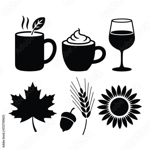 Thanksgiving Silhouette Bundle Hot Apple Cider Mug Coffee Cup Wine Glass Maple Leaf Acorn Wheat Stalk Sunflower Black Vector Icons on White Background