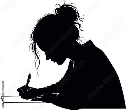 Focused woman writing on paper in silhouette style, curly hair bun, sitting posture, journaling, studying, creativity, concentration, black and white.