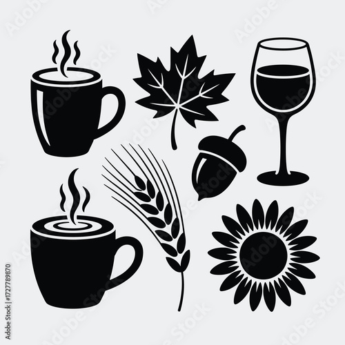 Thanksgiving Silhouette Bundle Hot Apple Cider Mug Coffee Cup Wine Glass Maple Leaf Acorn Wheat Stalk Sunflower Black Vector Icons on White Background