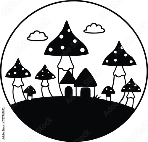 whimsical mushroom village with hidden fairies illustration on transparent background