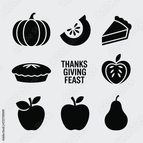 Thanksgiving Silhouette Bundle Pumpkin Slice Pie Apple Pear Modern Black Vector 