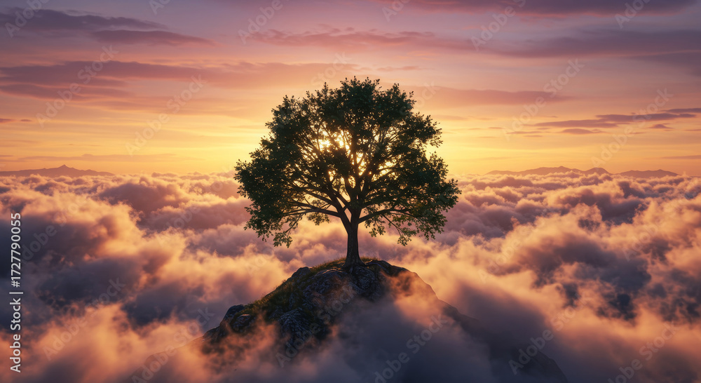 Fototapeta premium A lone tree standing on a cloud-shrouded mountaintop at sunset, evoking solitude, serenity, and natural beauty.