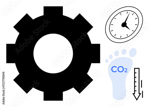 Gear indicating process, clock for time management, blue CO2 footprint, thermometer with downward arrow showing reduction. Ideal for sustainability, efficiency, time-saving, eco-awareness, carbon