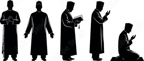 Islamic prayer poses silhouette set showing traditional worship postures, dua gestures, Quran reading, and kneeling devotion for spiritual content