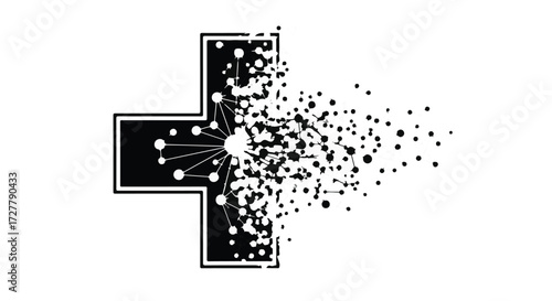 Abstract representation of medical data dissolving into digital particles, symbolizing information flow and connectivity.