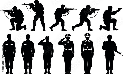 Military Silhouettes in Combat and Ceremonial Poses – Soldiers with Rifles, Saluting, Standing at Attention, Tactical and Formal Uniforms
