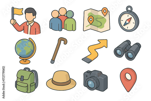 Isometric Tour Essentials Icons. Basic guided tour set icons in modern isometric flat : tour guide figure, group of people, map, compass, globe,