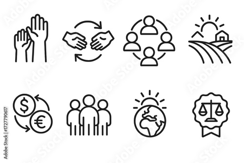 Global Fairness Icons. Global fairness visuals icons in outline style: diverse hands, trade arrows, community circle, farm field, currency exchange,