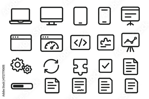 Productivity Tools Icons. Work & productivity icons in outline style: laptop, desktop monitor, tablet, mobile phone, browser window, dashboard, code