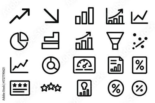 Performance Icons Collection. Performance context icons in outline style: upward arrow, downward arrow, bar chart, line graph, pie chart, stacked