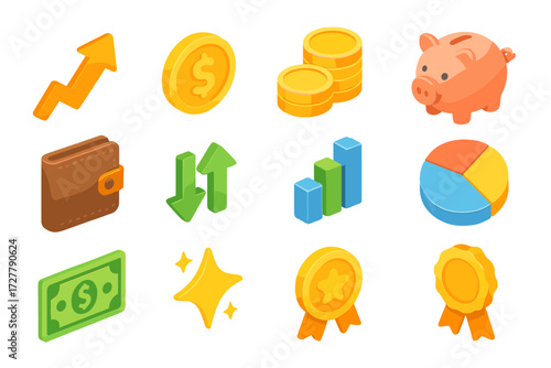 Sales Boost Icons. Basic sales boost set icons in modern isometric flat : upward arrow, dollar coin, coin stack, piggy bank, wallet, cash flow arrows,