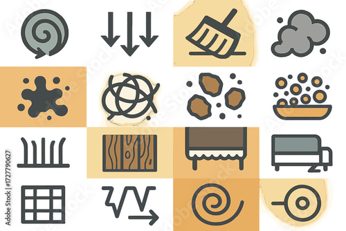 Cleaning Icons. Cleaning actions set of icons in abstract flat : vacuum swirl, suction arrows, sweeping brush, dust cloud, dirt spot, pet hair clump