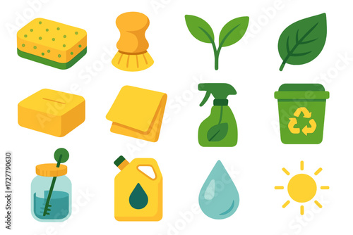 Eco-friendly Cleaning Icons. Eco-friendly sponge scrub in modern flat vector : biodegradable sponge, bamboo brush, plant sprout, leaf icon, natural