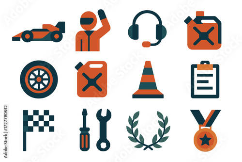 Race Gear Icons. Car racing gear set of icons in abstract flat : racing car, pit crew, headset, wheel, fuel can, track cone, wrench, screwdriver,