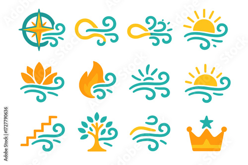 Symbolic Harmony Icons. Symbolic wind gust in modern flat vector : guiding compass, harmony wave, infinity loop, glowing aura, radiant sun, lotus