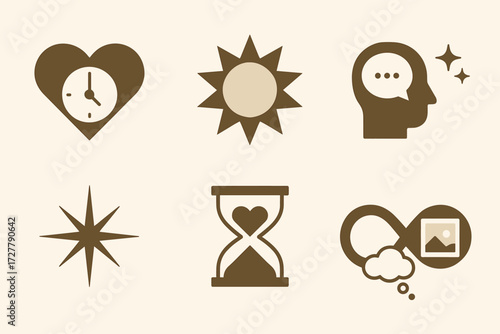 Symbol Icons. Symbols set of icons in abstract flat : heart with clock, sepia-toned sun, memory bubble, sparkles around photo, retro starburst,