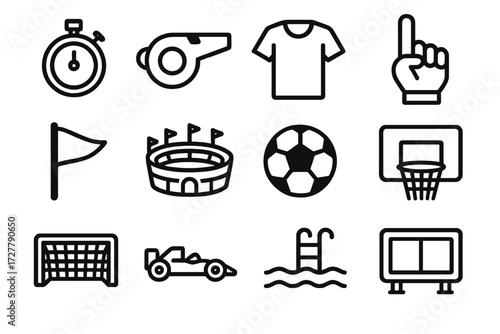 Sports Icon Set. Sports final score icons in outline style: stopwatch, whistle, jersey, foam finger, flag, stadium, soccer ball, basketball hoop,