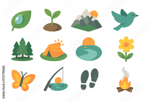 Isometric Nature Icons. Nature early start set icons in modern isometric flat : dew drop on leaf, sprouting plant, mountain sunrise, bird flying,