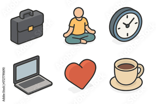 Work-Life Balance Icons. Work-life balance set icons in modern isometric flat : briefcase, yoga pose, clock, heart, laptop, coffee cup