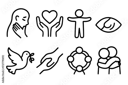 Compassion Icon Set. Compassion icons icons in outline style: tenderness, heart in hands, open arms, caring eyes, helping hand, peace dove, unity