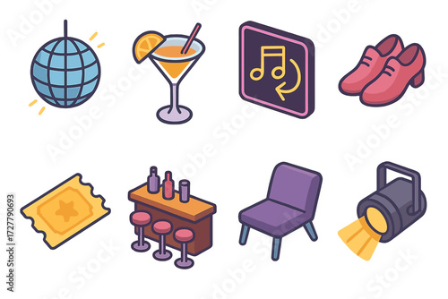 Isometric Nightlife Icons. Nightlife icons set icons in modern isometric flat : disco ball, cocktail glass, neon sign, dance shoes, ticket, bar