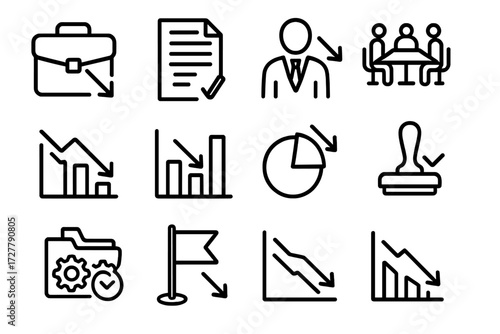 Business Trend Icons. Business downward trend icons in outline style: briefcase, contract paper, supervisor figure, meeting table, report sheet,