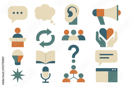 Abstract Communication Icons. Communication set of icons in abstract flat : chat bubble, thought bubble, listening ear, megaphone, speech podium,