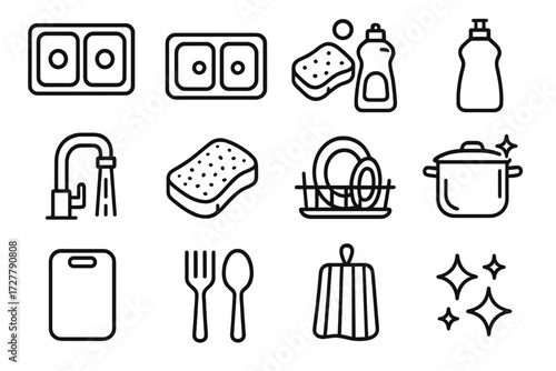 Kitchen Cleaning Icons. Kitchen sink cleaning icons in outline style: double sink, stainless steel sink, sponge with soap, dishwashing liquid, faucet