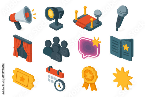 Event Start Icons. Event start signal set icons in modern isometric flat : megaphone, spotlight, stage, microphone, curtain, crowd silhouette, neon