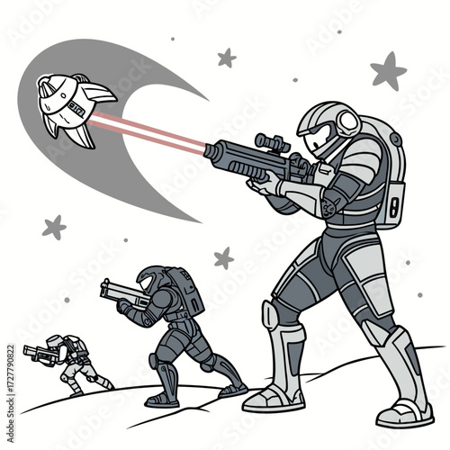 Futuristic soldiers in armor battle alien spaceship with lasers