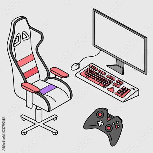 Gaming setup with chair keyboard mouse monitor and controller isometric view