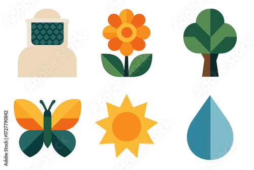 Nature Icons. Nature icons set of icons in abstract flat : beekeeper, flower, tree, butterfly, sun, droplet