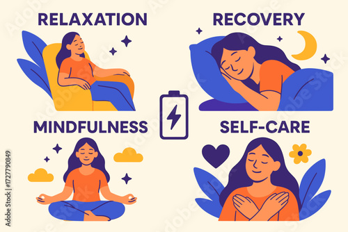 Modern Relaxation Vibes. Concepts in modern flat vector : relaxation, recovery, peace, comfort, mindfulness, recharging, self-care, stress relief