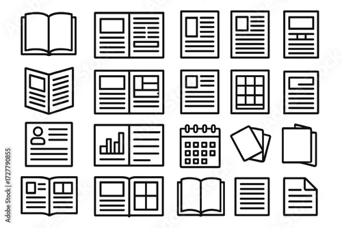 Publishing Layout Icons. Publishing context icons in outline style: book spread, magazine layout, newspaper columns, flyer template, brochure fold,