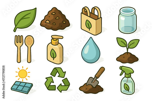 Eco-Friendly Disposal Icons. Eco-friendly disposal set icons in modern isometric flat : eco leaf, compost pile, reusable bag, glass jar, bamboo