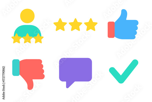 Vibrant Rating Icons. Rating system in modern flat vector : user review, star rating, thumbs up, thumbs down, comment box, checkmark